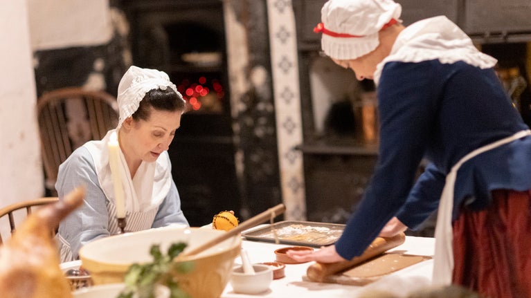 Living History performers baking treats in Castle Ward's Kitchen.